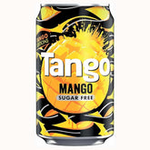 Tango - Sugar Free Mango - 330ml is a guilt-free drink with a black and yellow design, showcasing a vibrant mango graphic and splashes. Savor its sweet taste without worries, as it's sugar-free and uses sweeteners.